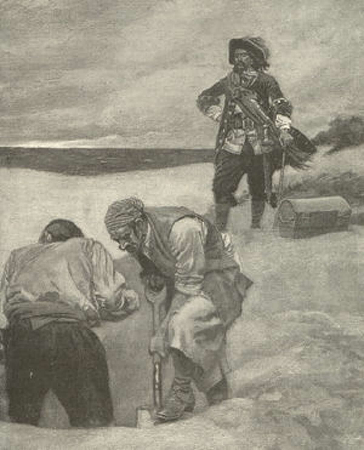 Captain Kidd depicted burying treasure on Gardiner’s Island in a Howard Pyle illustration from Harper’s New Monthly Magazine, 1894.