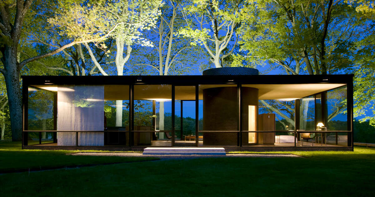 Philip Johnson's The Glass House in New Canaan at night.