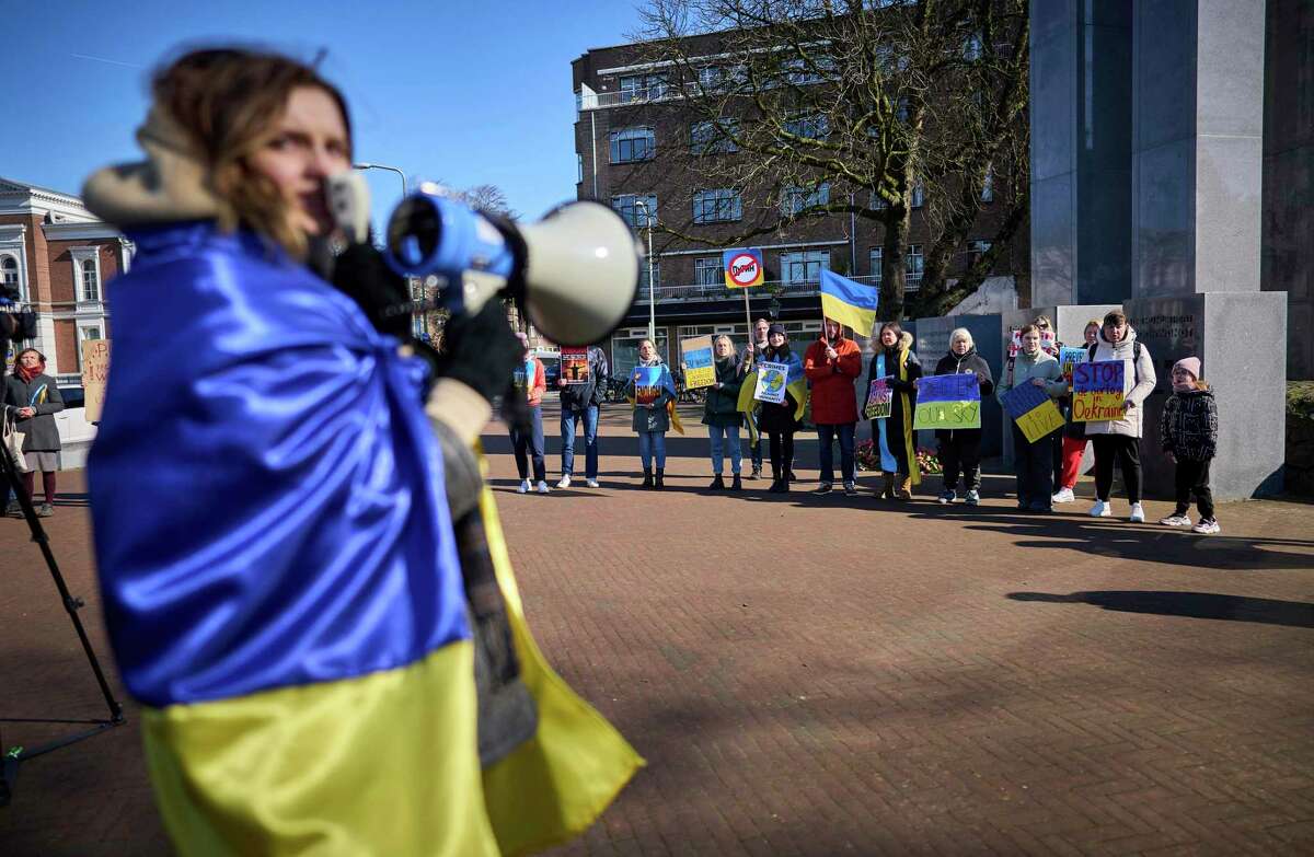 Protesters call for an end to Russia’s invasion of Ukraine in front of the International Criminal Court in The Hague, Netherlands, on March 7.