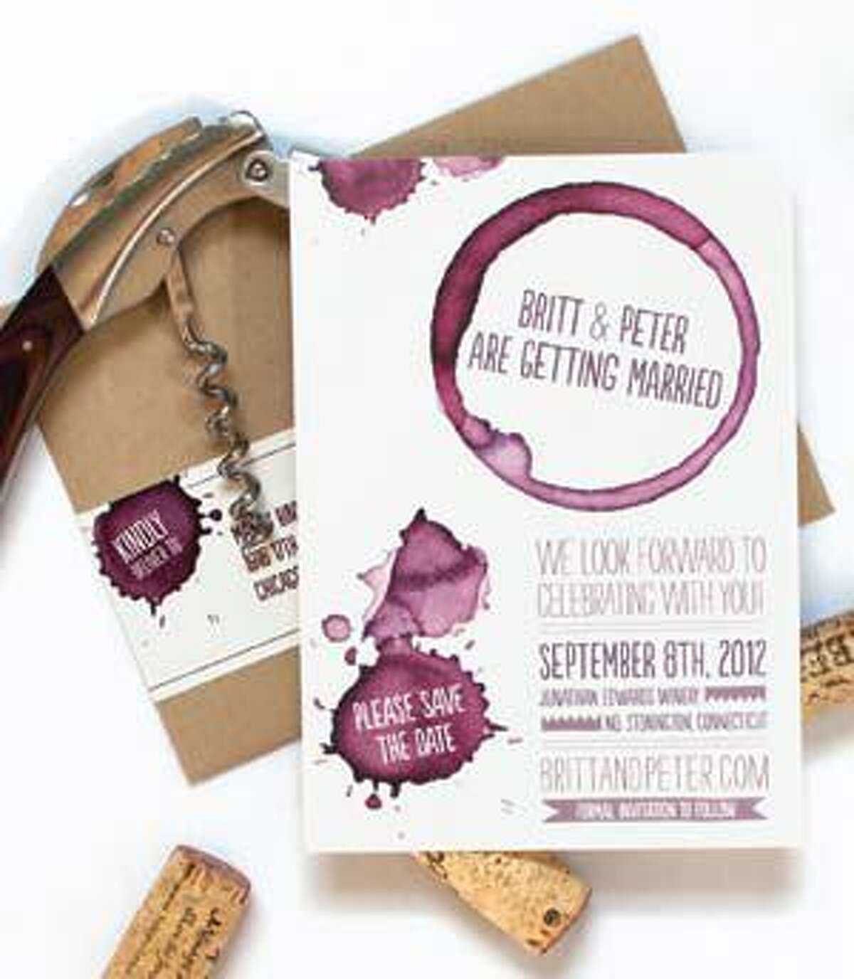 Save-the-date cards are an opportunity to set the tone for your wedding, such as this wine-stained card for a vineyard wedding from CoralPheasant.com