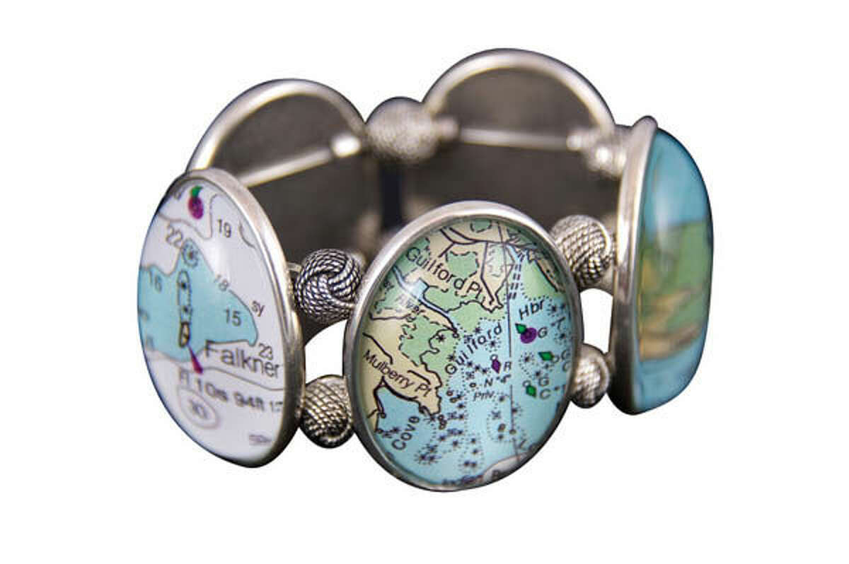  Nautical chart bracelet, $68, from Mix Design Store, Guilford, 203-453-0202, mixdesignstore.com.