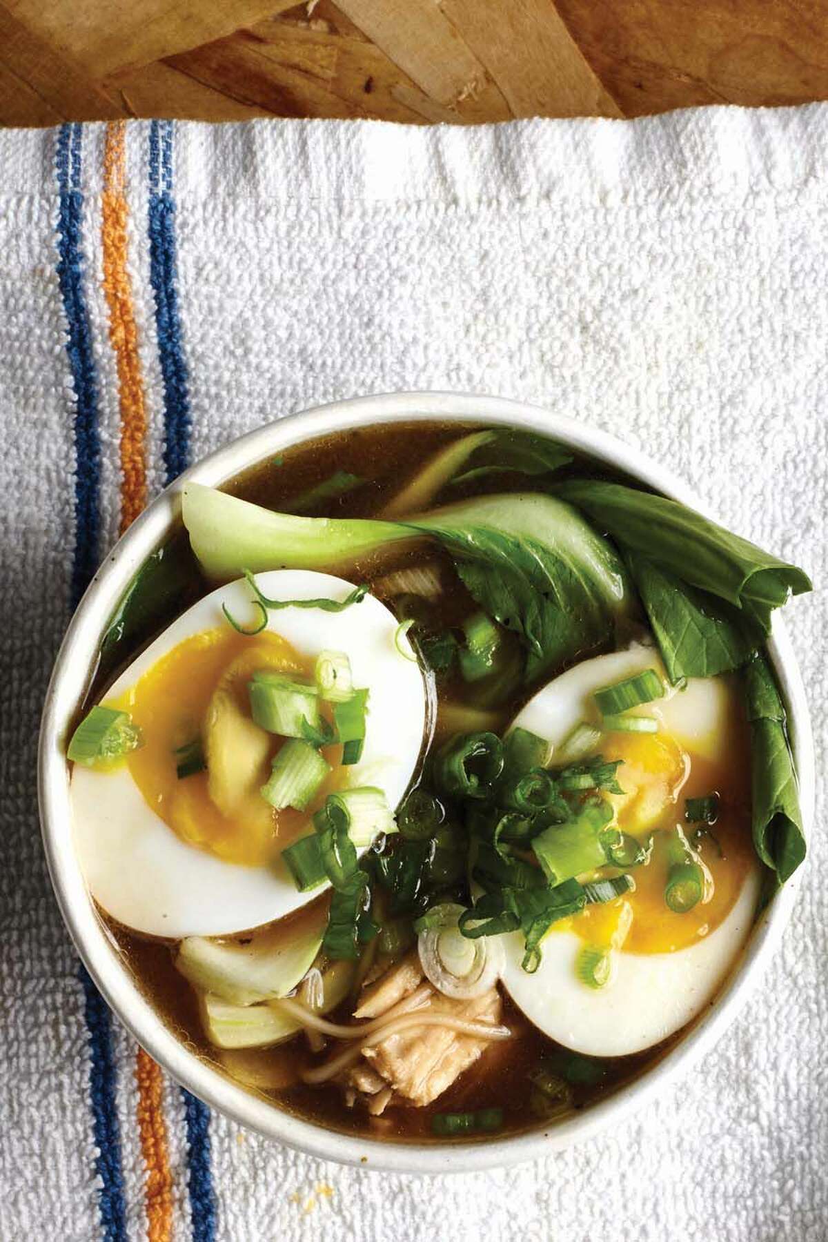 Chinese chicken soup (chicken soup with a 60-minute egg, Asian noodles and bok choy)