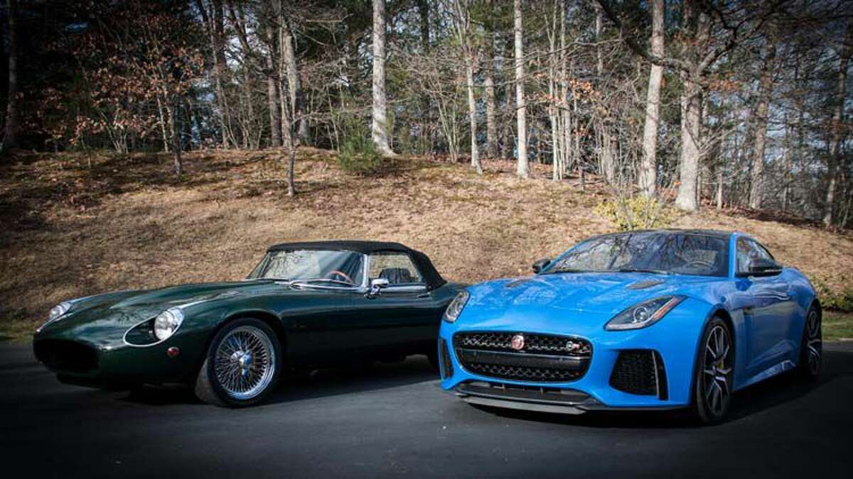 Stew Jones customized this customer’s green 1972 E-type roadster, left, into a modernized (and absolutely terrifying) machine. It feels as fast and loud as the 2017 F-type SVR, Jaguar’s most powerful road car to date.