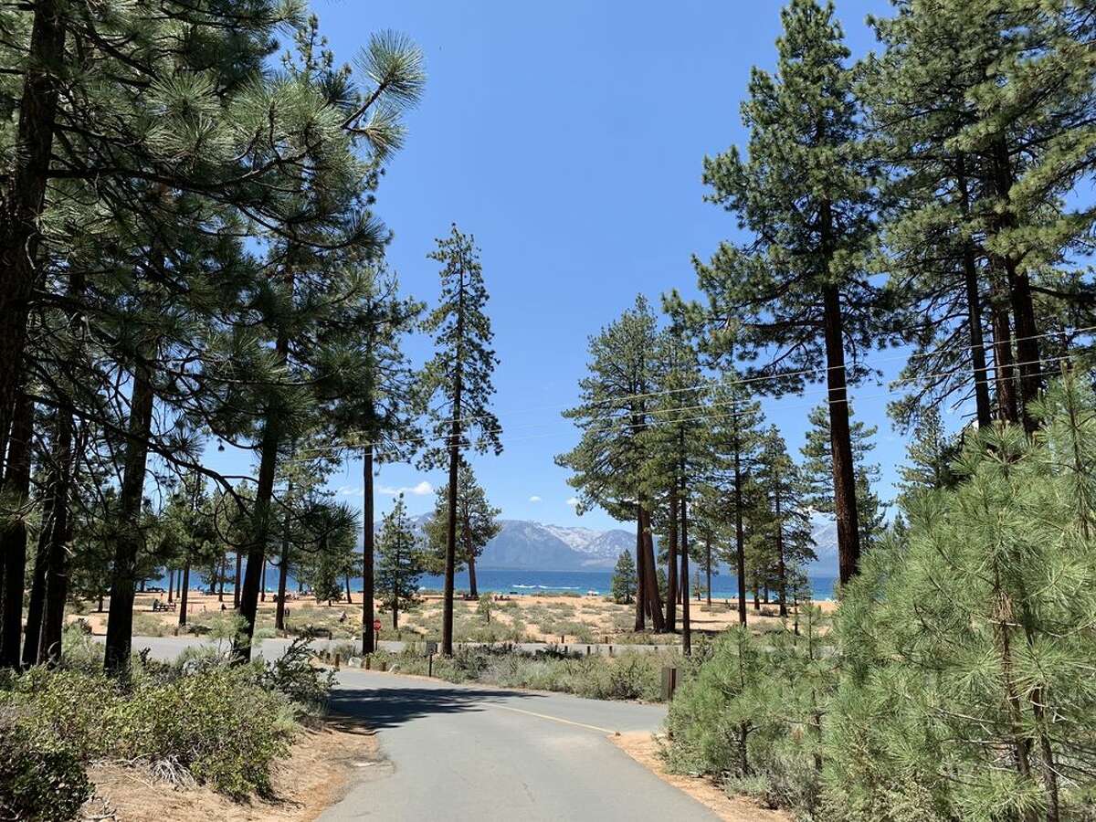 The approach to the Nevada Beach Campground from the road.