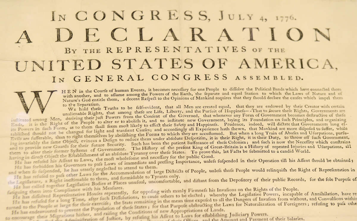 (Peter Hvizdak / Hearst Connecticut Media) New Haven, Connecticut: June 28, 2017. The first printed issue of the Declaration of Independence by John Dunlap in Philadelphia on July 4, 1776 on display at the Beinecke Rare Book & Manuscript Library at Yale University.