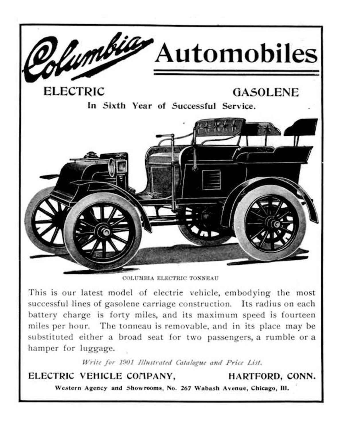 A 1901 advertisement for a Columbia Electric Co. vehicle.