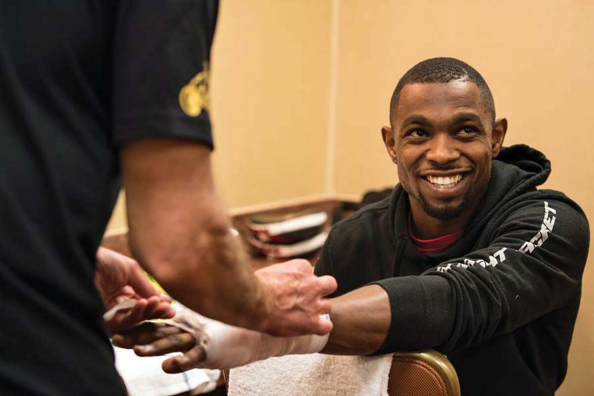 Jimmy “Quiet Storm” Williams, of West Haven, is in a smiling mood in the dressing room before his fight against Juan Rodriguez on Sept. 16 at Twin River Casino in Lincoln, Rhode Island.
