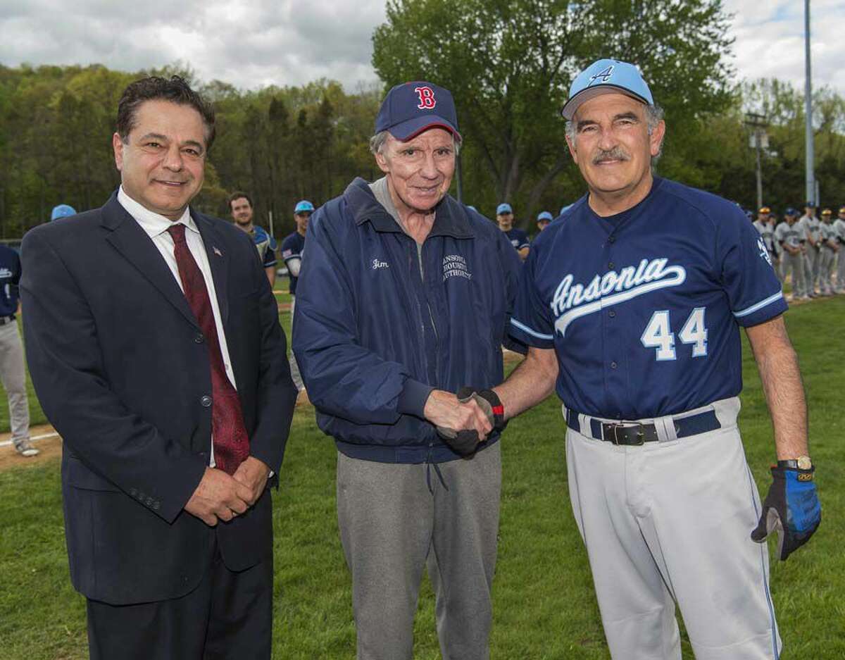 Mayor Dave Cassetti, James Finnucan (former Ansonia High School baseball coach), and Mike Vacca during a ceremony in May 2017 honoring coach Vacca for winning his 500th game.