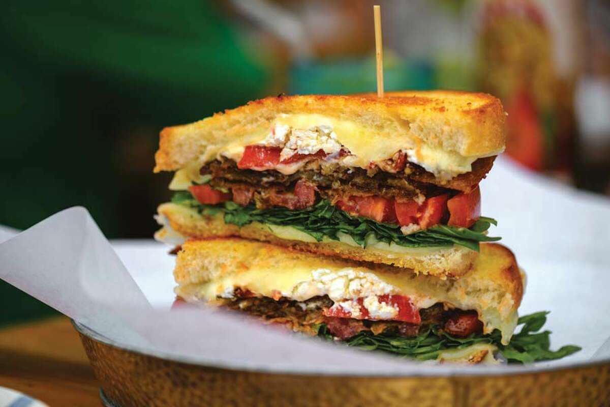 The Purple Goat sandwich: crispy eggplant cutlets, a medley of colorful vegetables and melted provolone and goat cheeses.