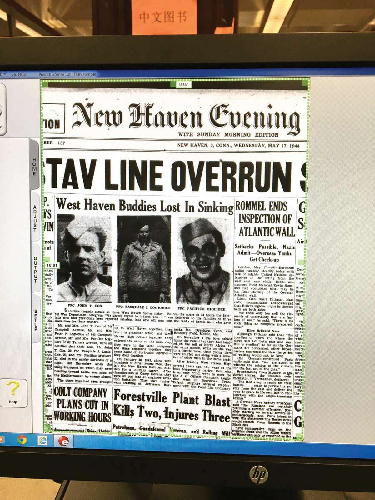 The front page of the May 17, 1944, edition of the New Haven Evening Register reported the loss of three sailors from West Haven who were aboard the Rohna.