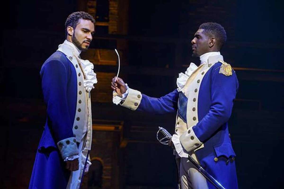 Austin Scott and Carvens Lissiant in “Hamilton” at The Bushnell in Hartford.