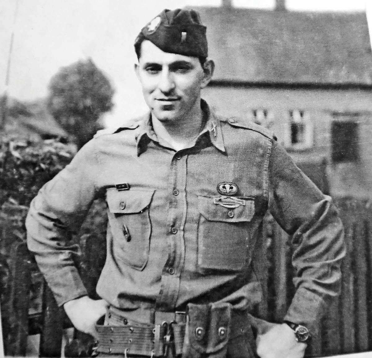 This photo of Katz was taken on May 2, 1945, in Germany when he, as an infantry officer, “had just been involved in the liberation of the Wobbelin concentration camp.”