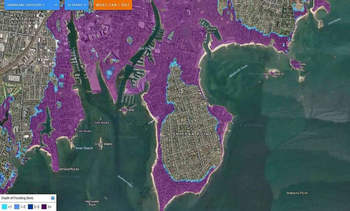 This FloodIQ.com map shows where flooding would occur in Stamford in 2034 in a Category 3 hurricane.