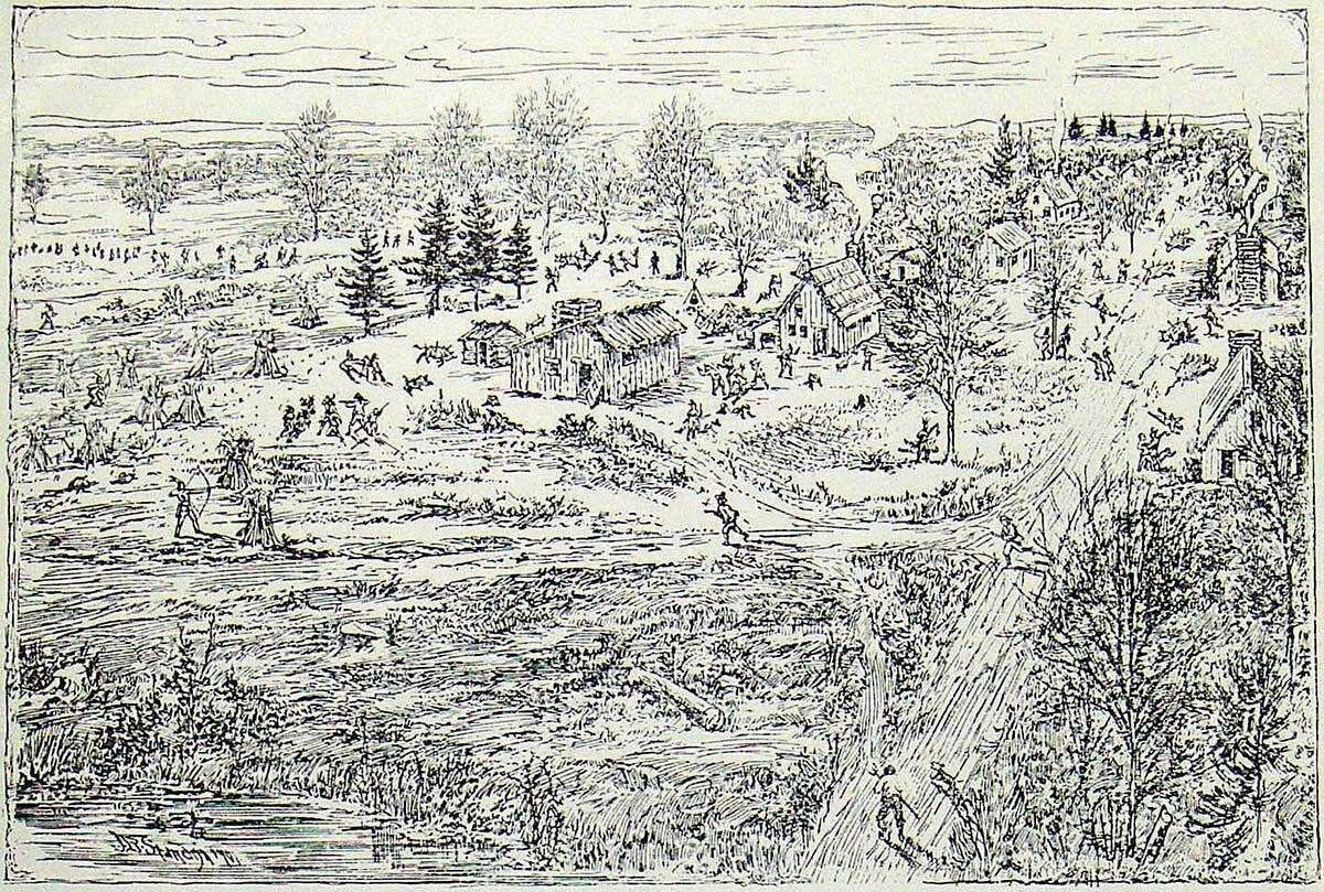 This engraving depicts an attack by natives on the colony at Wethersfield in 1637.