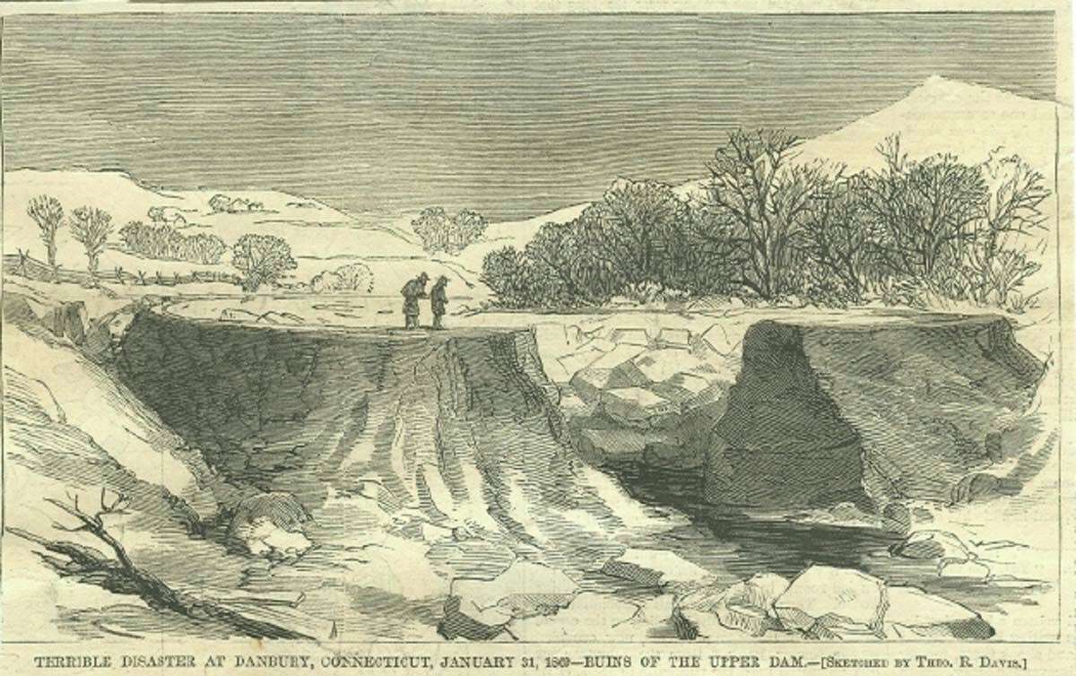 "Scene of the Disaster at Danbury, Connecticut," Engraving accompanying article in Harper's Weekly magazine, Feb. 20, 1869, about the Jan. 31, 1869, reservoir disaster.