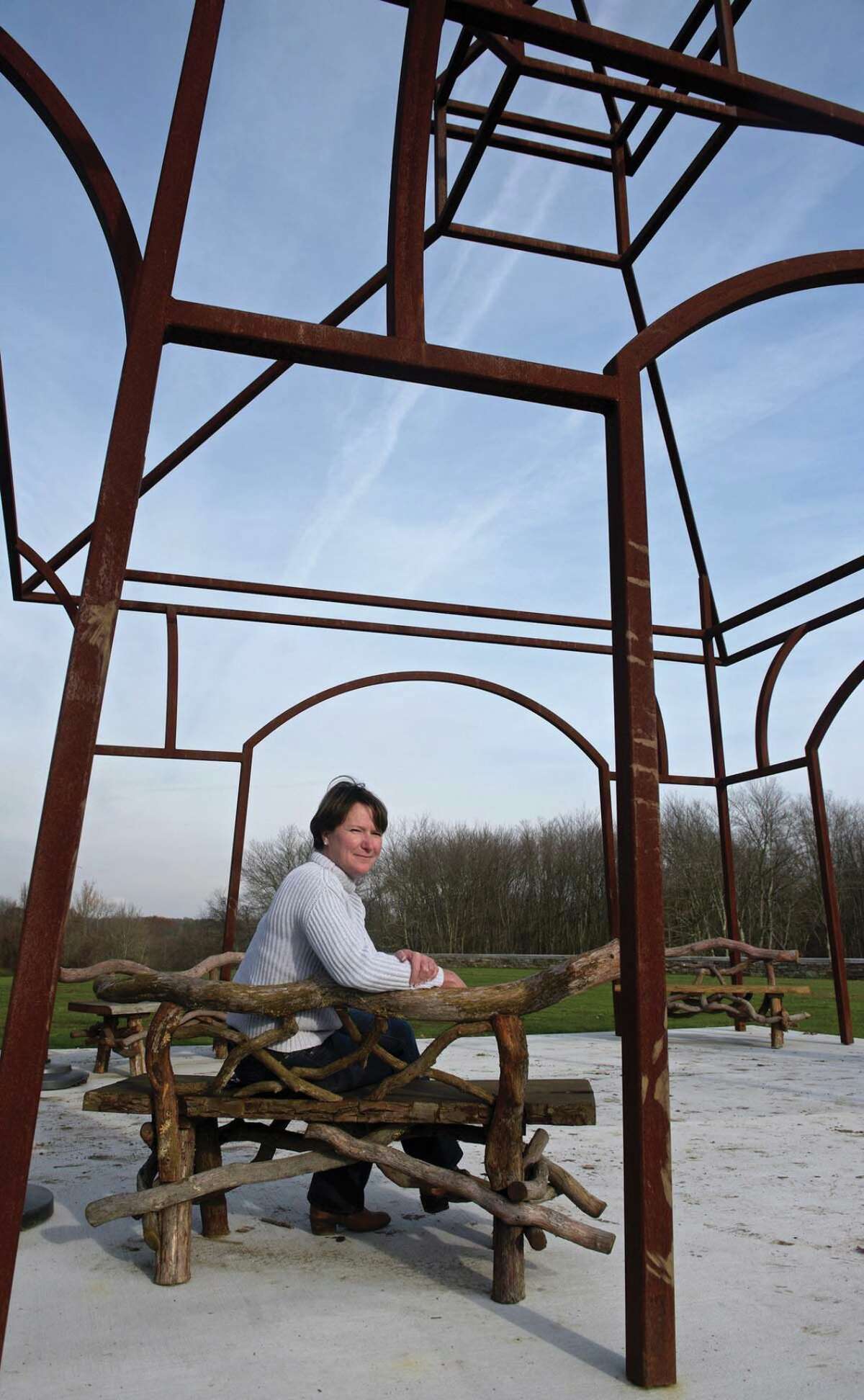 Jennifer Hubbard sits in a conceptual model of one of the future buildings at the Catherine Violet Hubbard Animal Sanctuary, in Newtown. The sanctuary was created in memory of her daughter.