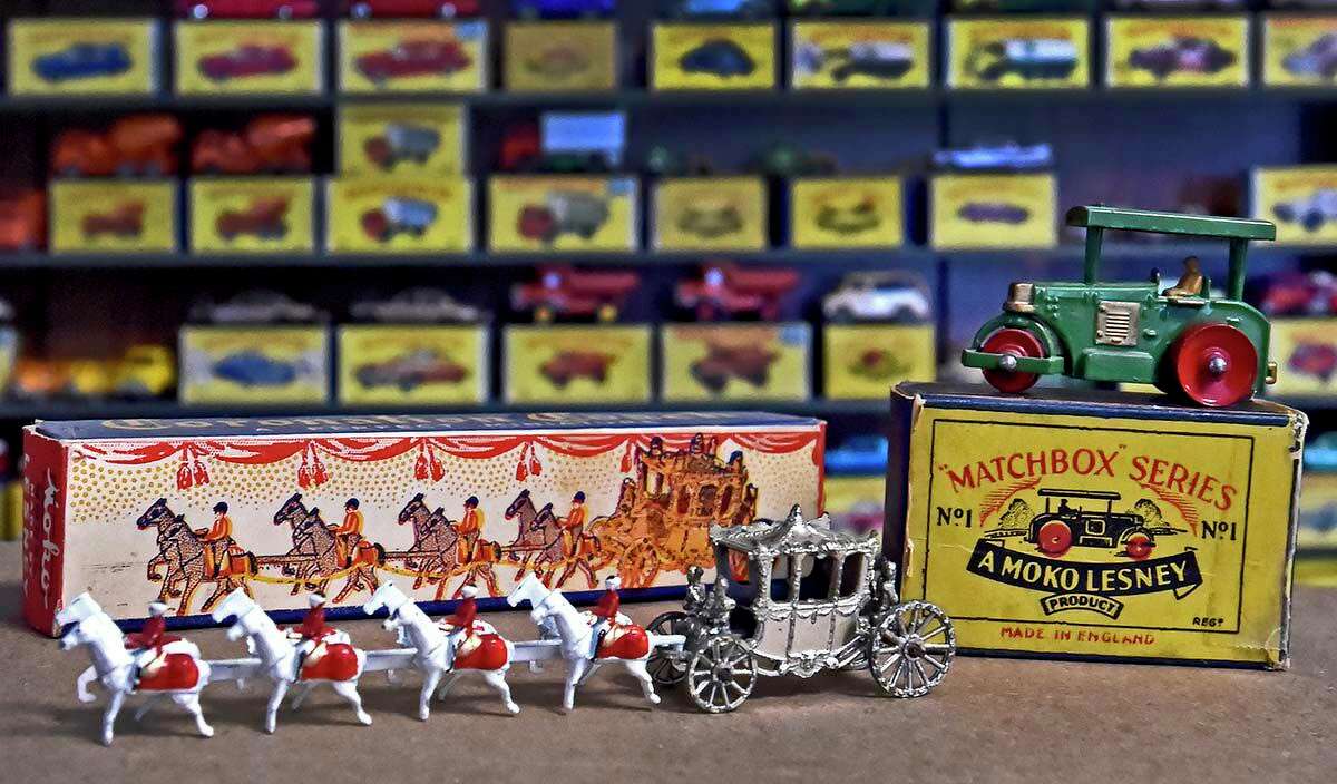 Royal rollers: Mack’s collection includes two vehicles that defined the Matchbox brand in 1953: a 4.5-inch English “Coronation Coach” and a #1-A Road Roller, the first Matchbox-branded toy with the famous yellow box.