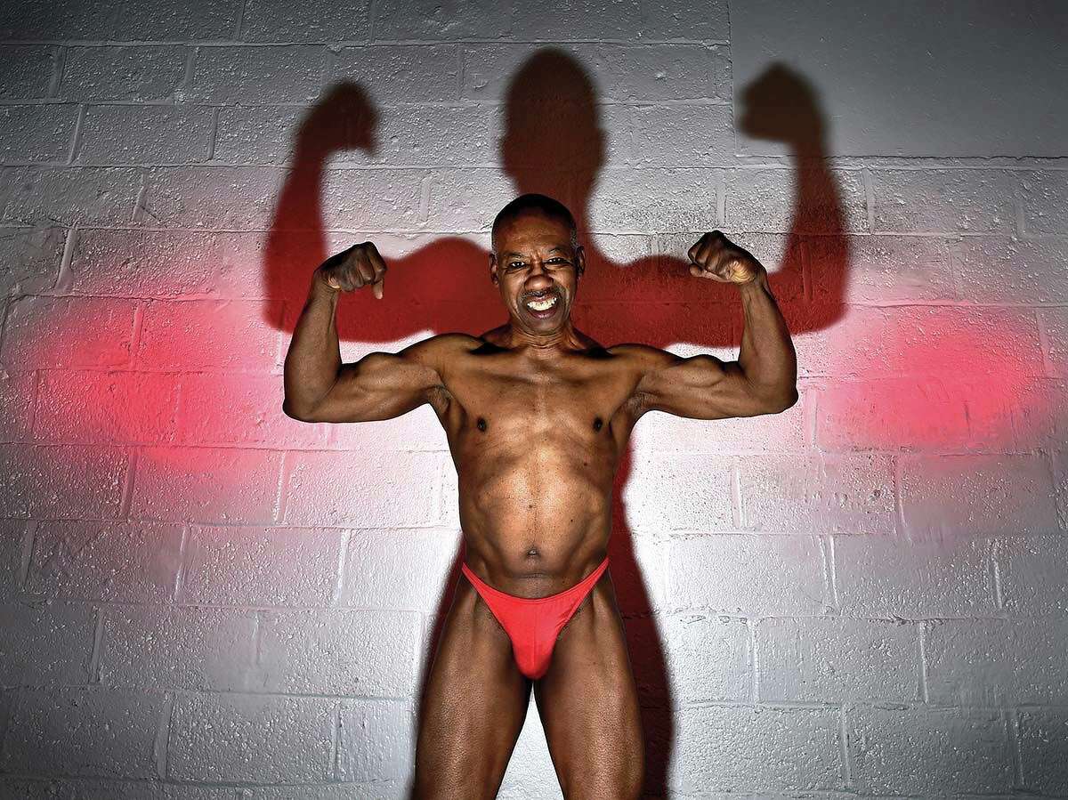 Striking the pose: Toney Herrington, who at age 70 is still competing and winning bodybuilding competitions, gets pumped at Club Fitness in East Hartford.