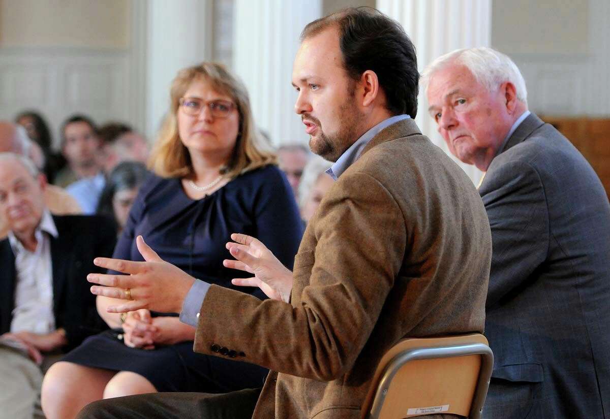 New York Times op-ed columnist Ross Douthat at Yale Divinity School's Marquand Chapel in New Haven in 2013.