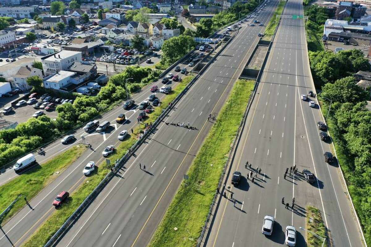 Protesters shut down part of Route 8 in Bridgeport on Saturday, May 30, 2020.