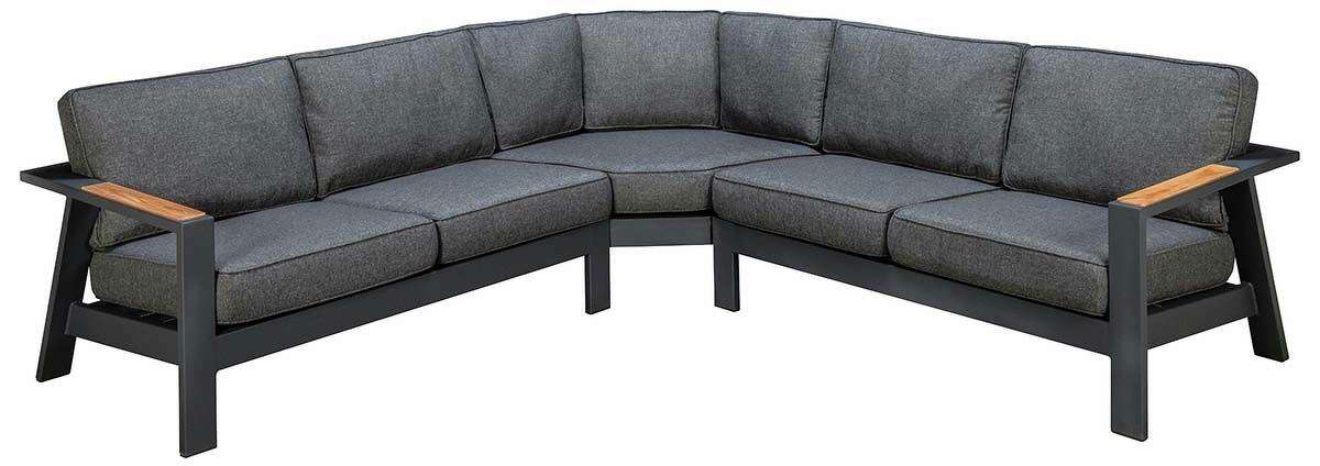 3-piece outdoor sectional: Contemporary style with aluminum frame and teak insets. $2,399, ScanCom Palau.  Jordan’s Furniture, New Haven jordans.com