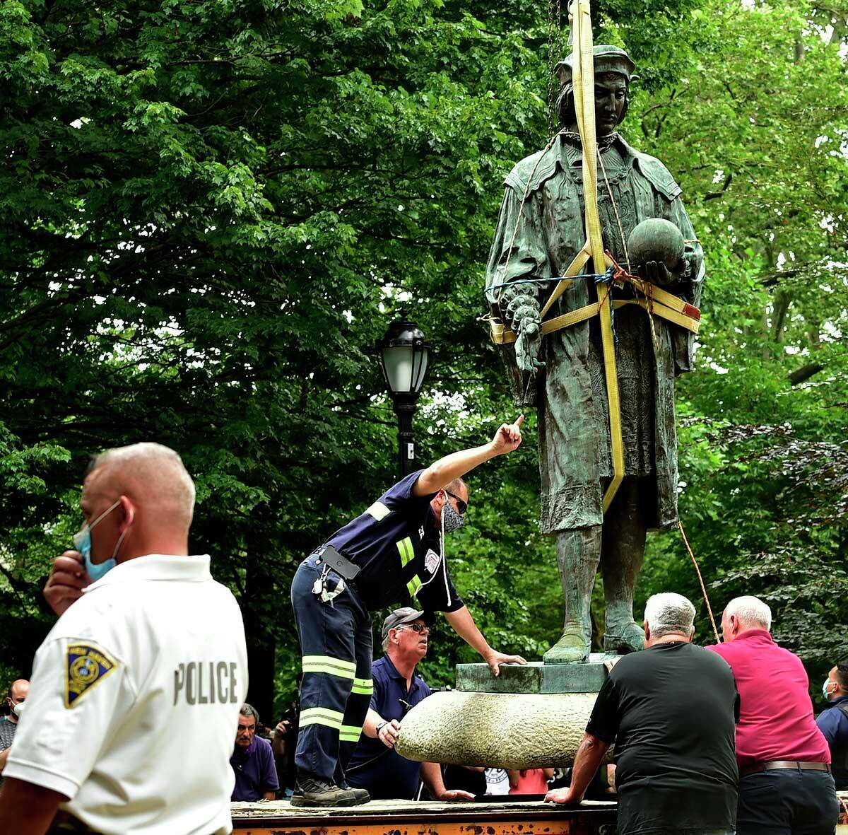 The statue of Christopher Columbus was removed from Wooster Square Park in New Haven in June