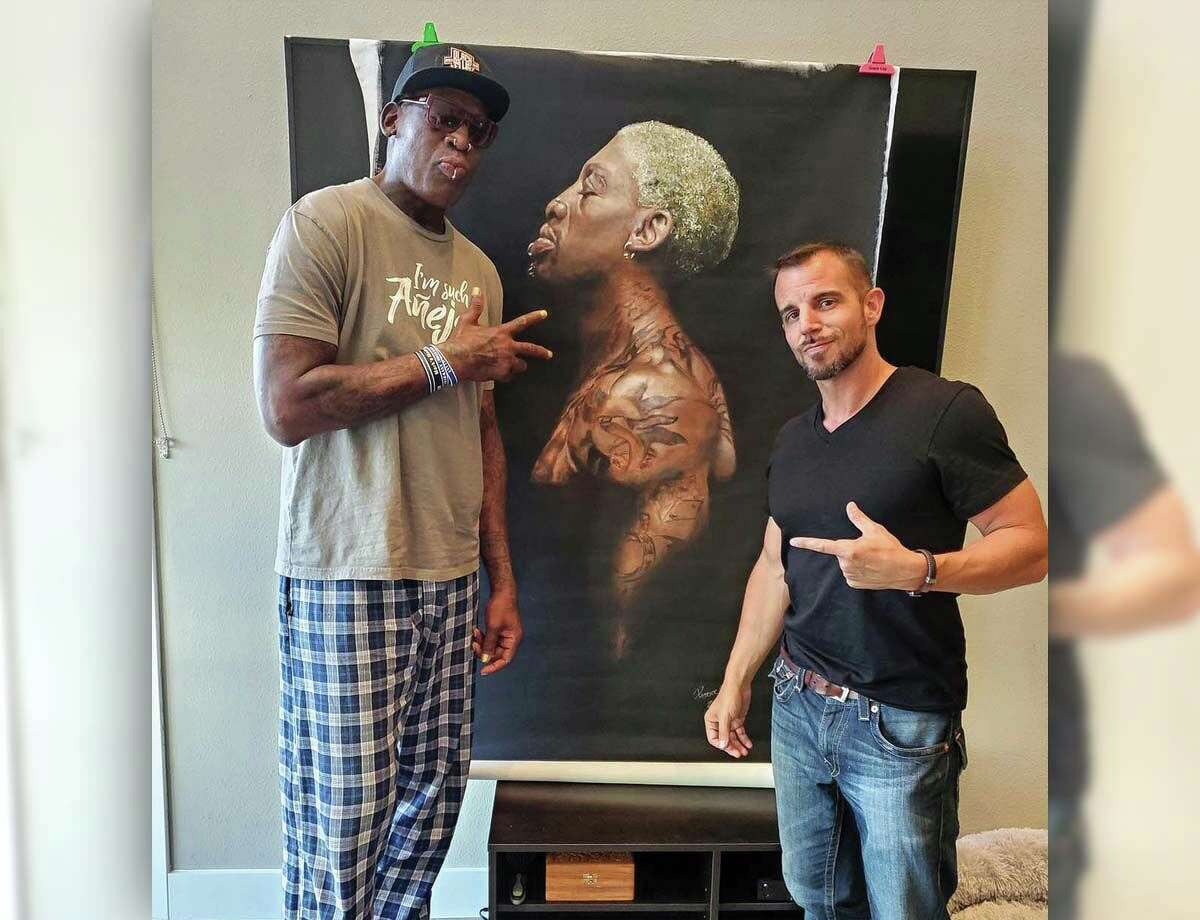 Patrick Ganino and basketball legend Dennis Rodman. “[This is] Dennis’ favorite painting I did of him,” Ganino says. “When I finished this piece he referred me to Mike Tyson.”