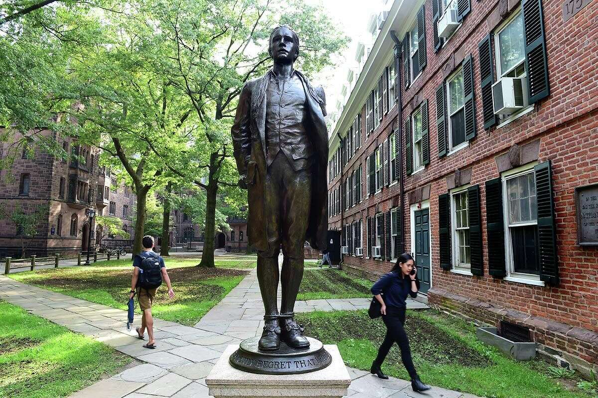The bronze statue of Nathan Hale on Yale University's Old Campus.