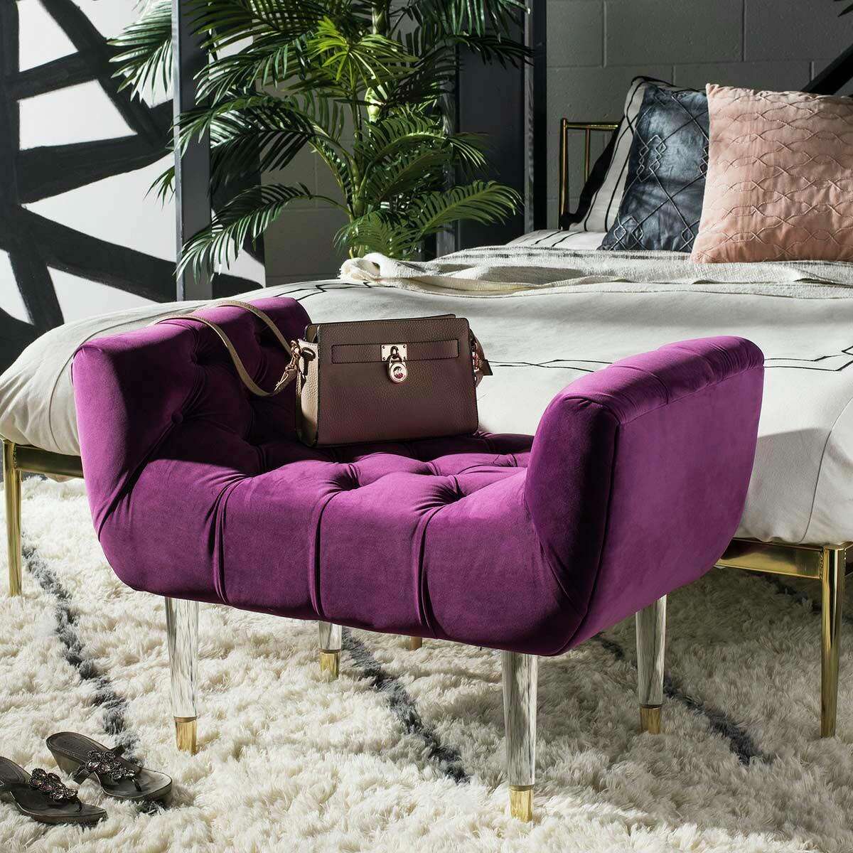 You want deep, romantic colors? Try this Safavieh Eugenie tufted velvet plum accent bench.