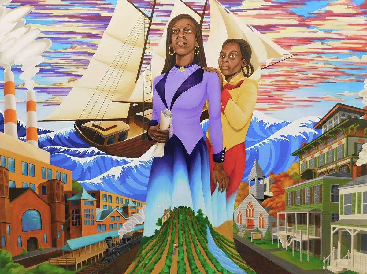 Pillars of Freedom, a 2017 oil painting by Connecticut artist Duvian Montoya, highlights the historic African American settlement of Little Liberia in Bridgeport.