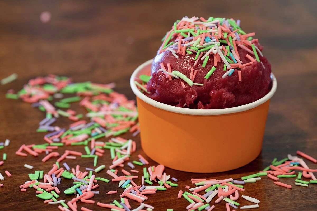 Mulled wine sorbet with homemade sprinkles.