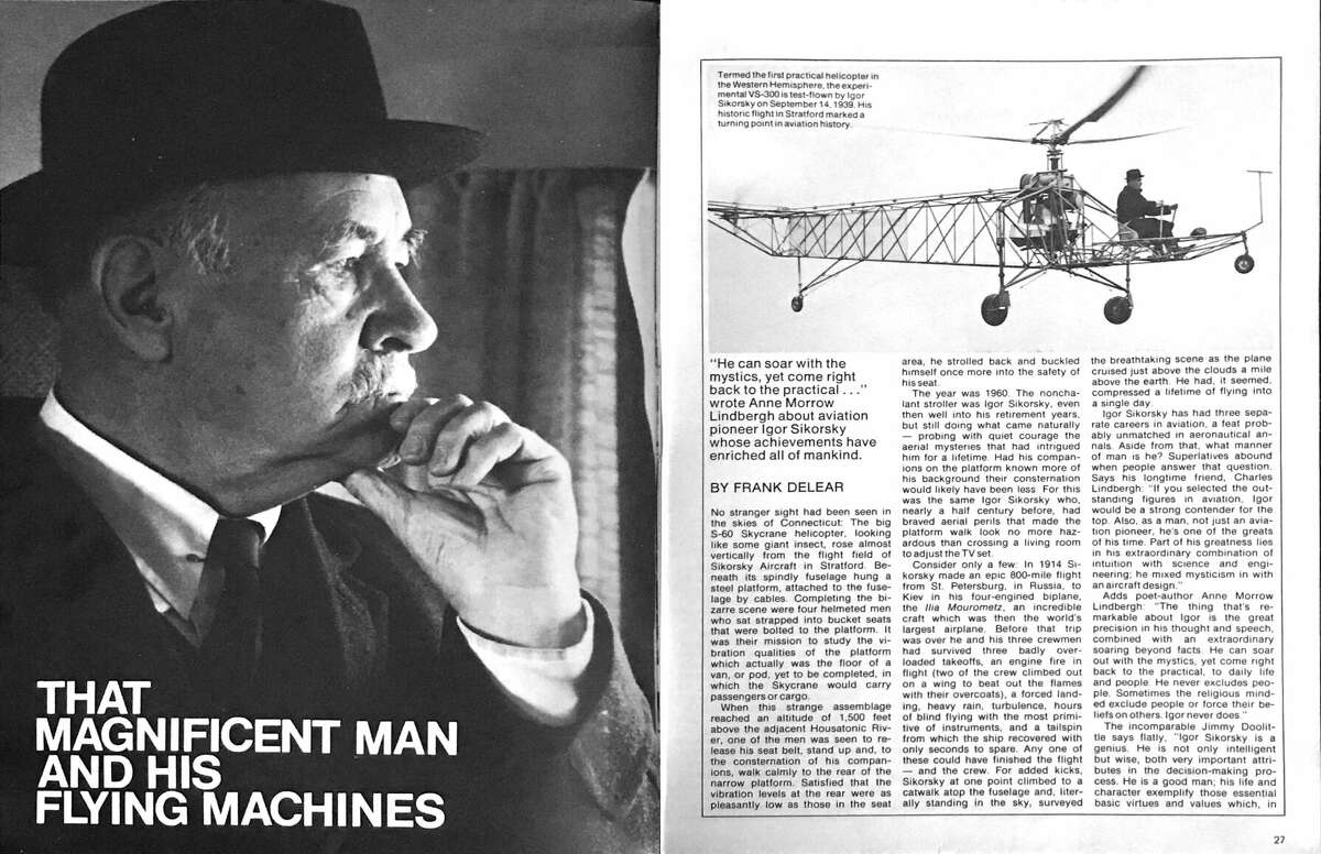 The caption on this spread from the Oct./Nov. 1971 feature reads: "Termed the first practical helicopter in the Western Hemisphere, the experimental VS-300 is test-flown by Igor Sikorsky on September 14, 1939. His historic flight In Stratford marked a turning point in aviation history."