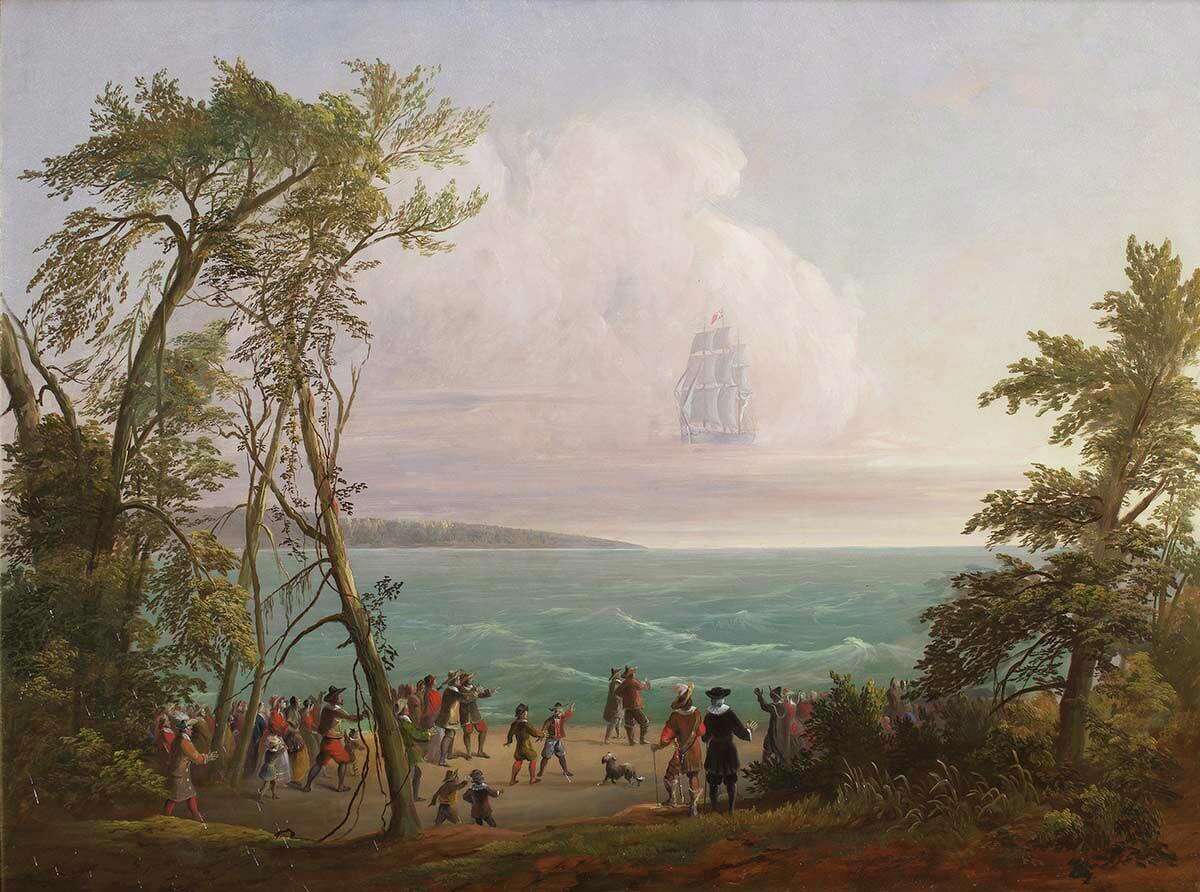 Vision of the Phantom Ship, painted by Jesse Talbot in 1850, recalls the "Great Shippe," a New Haven vessel lost at sea in 1647.