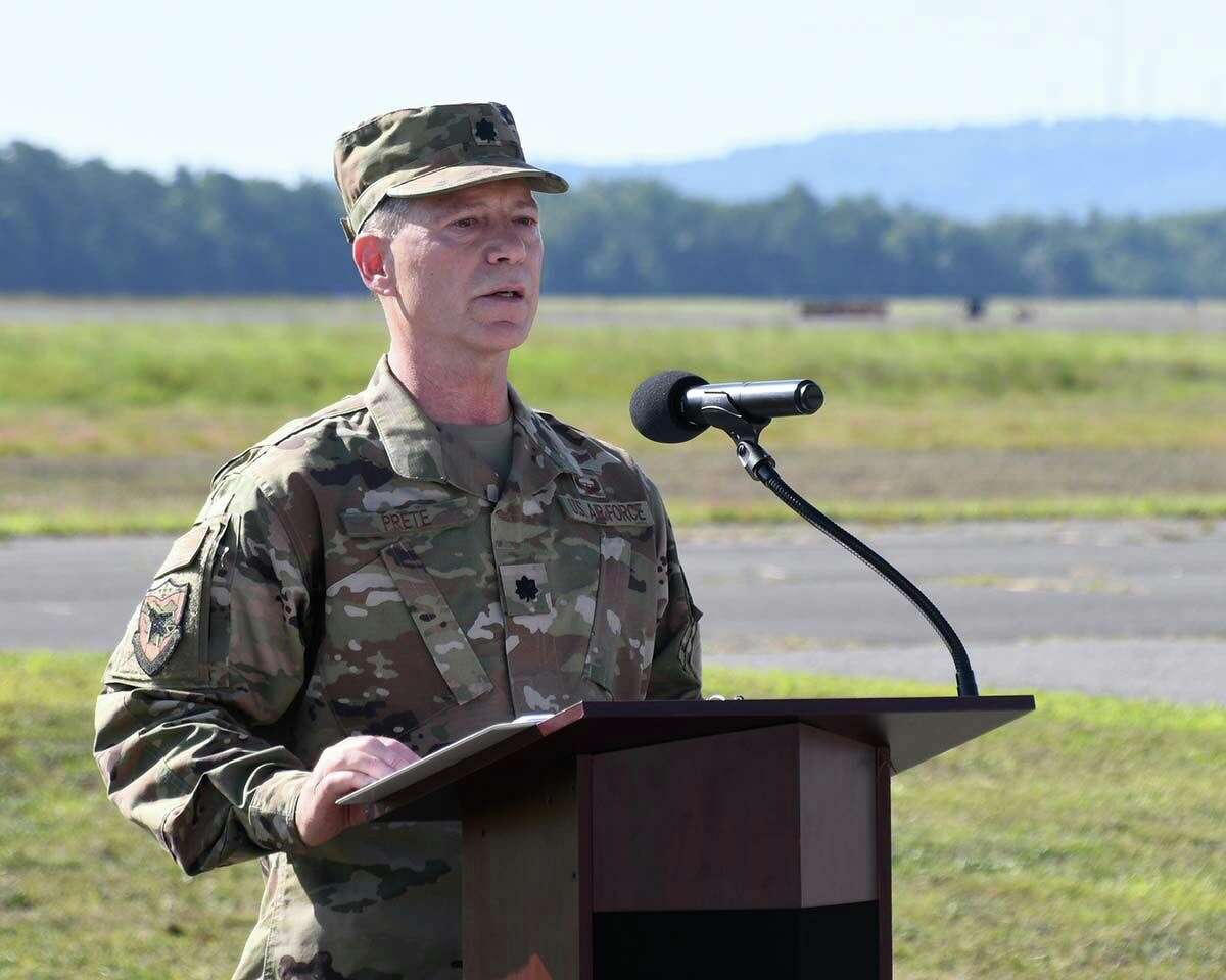 Lt. Col. Mark 'Panama' Prete adresses the 104th Fighter Wing after assuming command of the 104th Medical Group in 2020 at Barnes Air National Guard Base, Massachusetts.