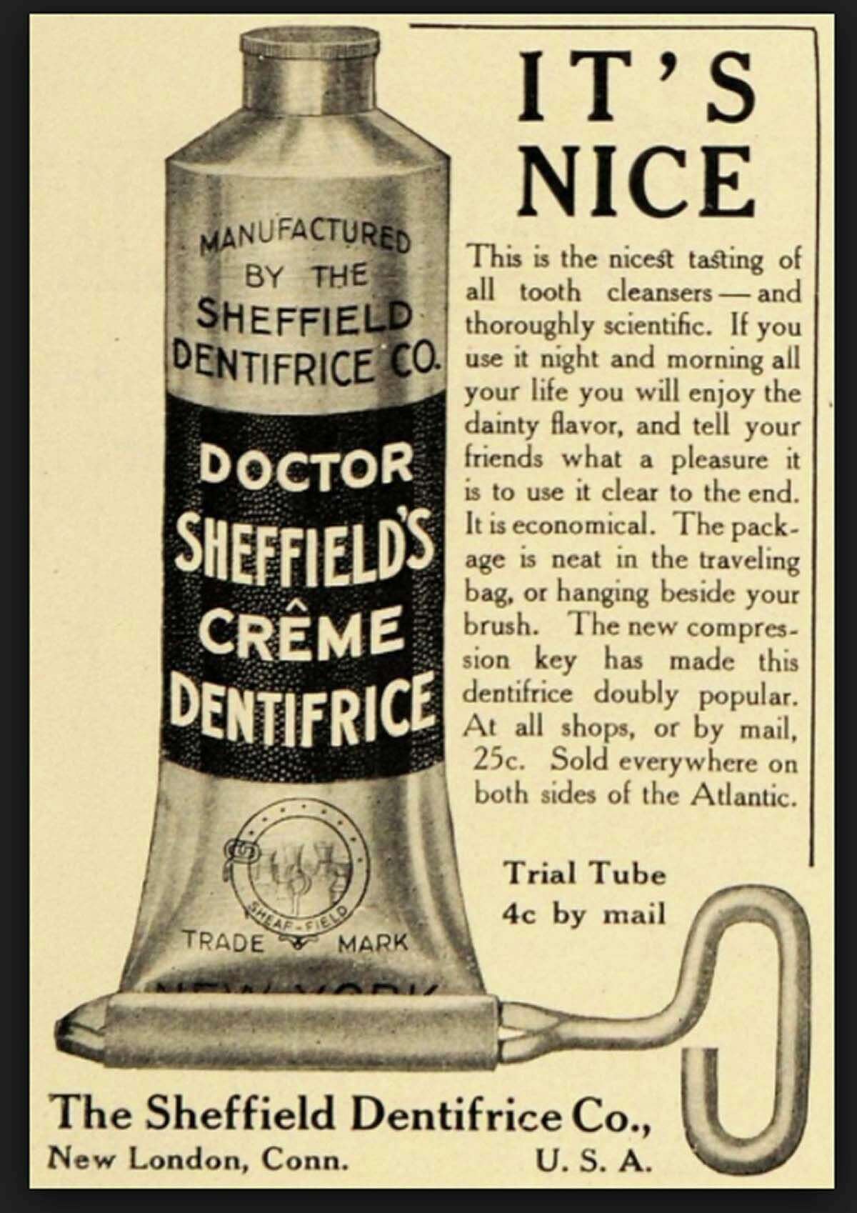An early-20th-century advertisement for Dr. Sheffield's Crème Dentifrice