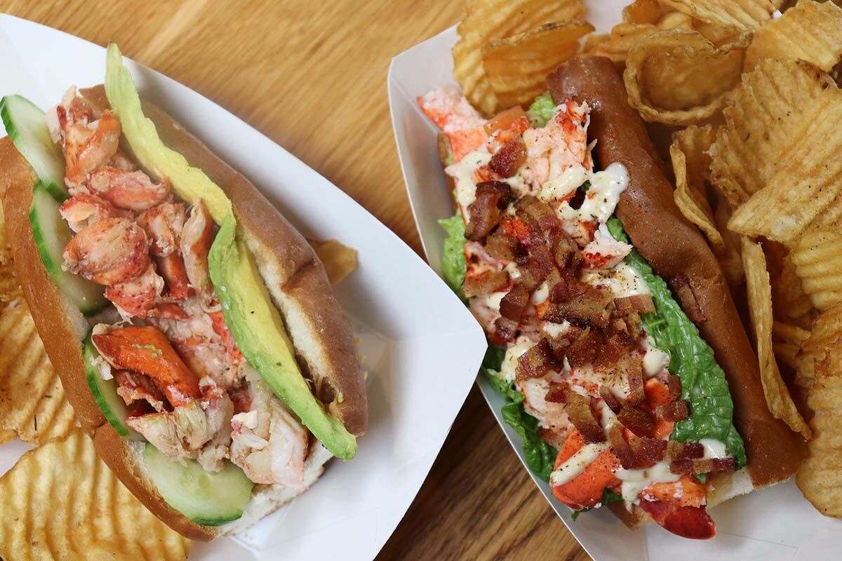 A California roll, left, with wasabi soy sauce, cucumber and avocado, and a lobster BLT roll from LobsterCraft.