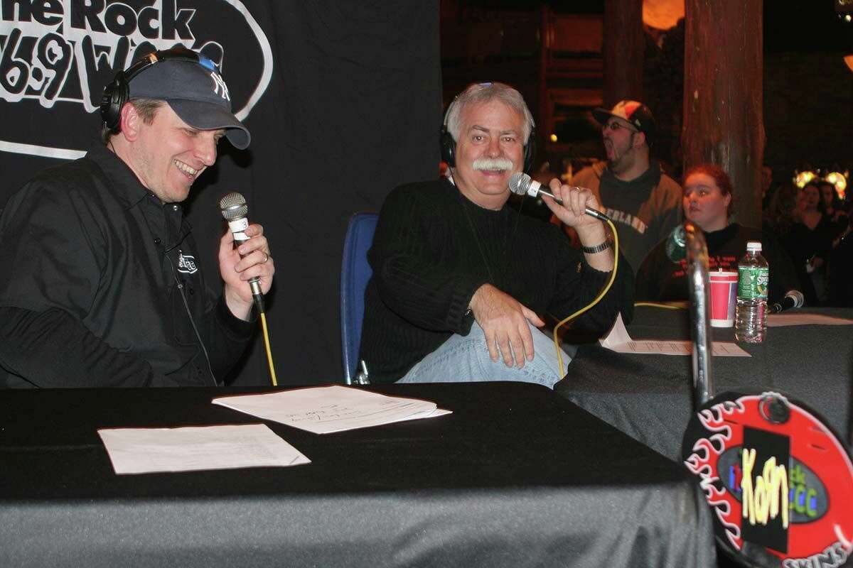 Jim Koplik (right) with WCCC's Mike Karolyi during a live broadcast held at the Mohegan Sun Casino in 2006.