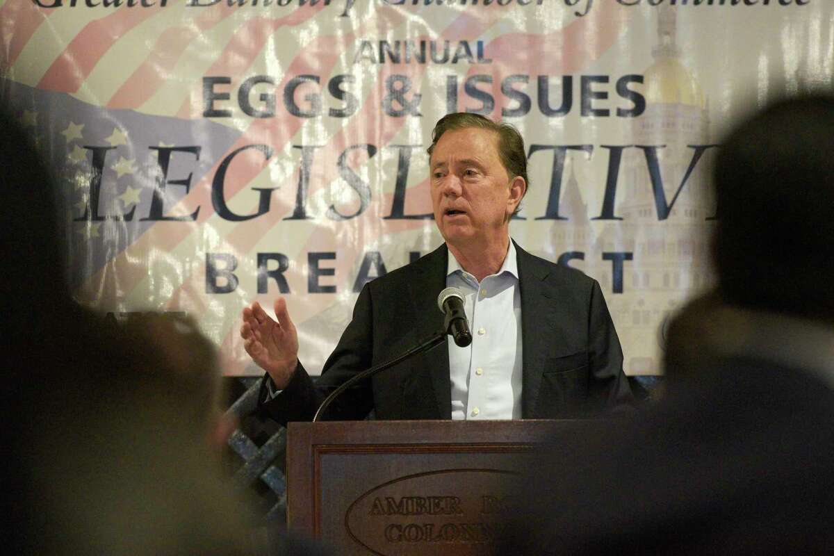Gov. Ned Lamont speaks at the Greater Danbury Chamber of Commerce “Eggs and Issues” at the Amber Room Colonnade on March 25, 2022.