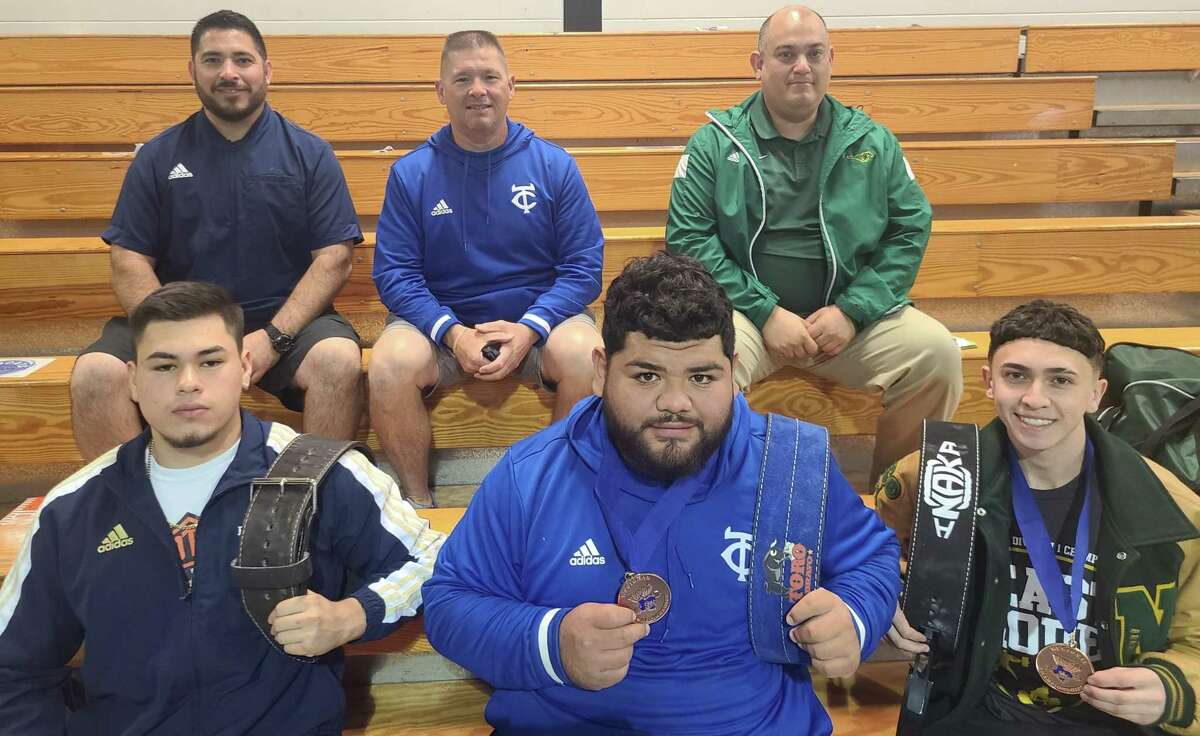 Alexander’s Gerardo Enriquez (bottom left) finished 24th at state in the 198-pound class, Cigarroa’s Manny Torres (bottom middle) finished ninth in superheavyweight, and Nixon’s Francisco Villarreal finished sixth in 132.