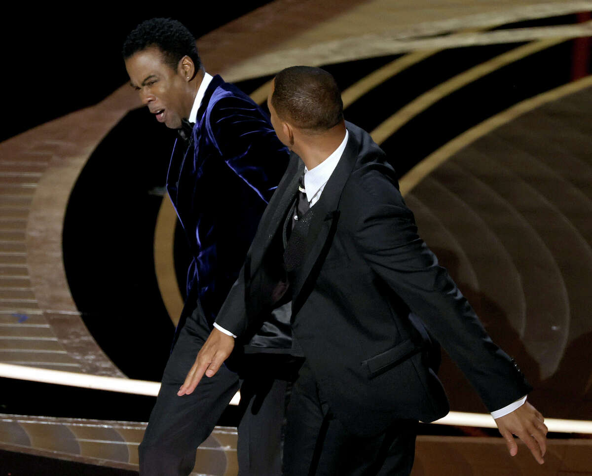 Will Smith slaps Chris Rock onstage during the 94th Annual Academy Awards in Hollywood, California.