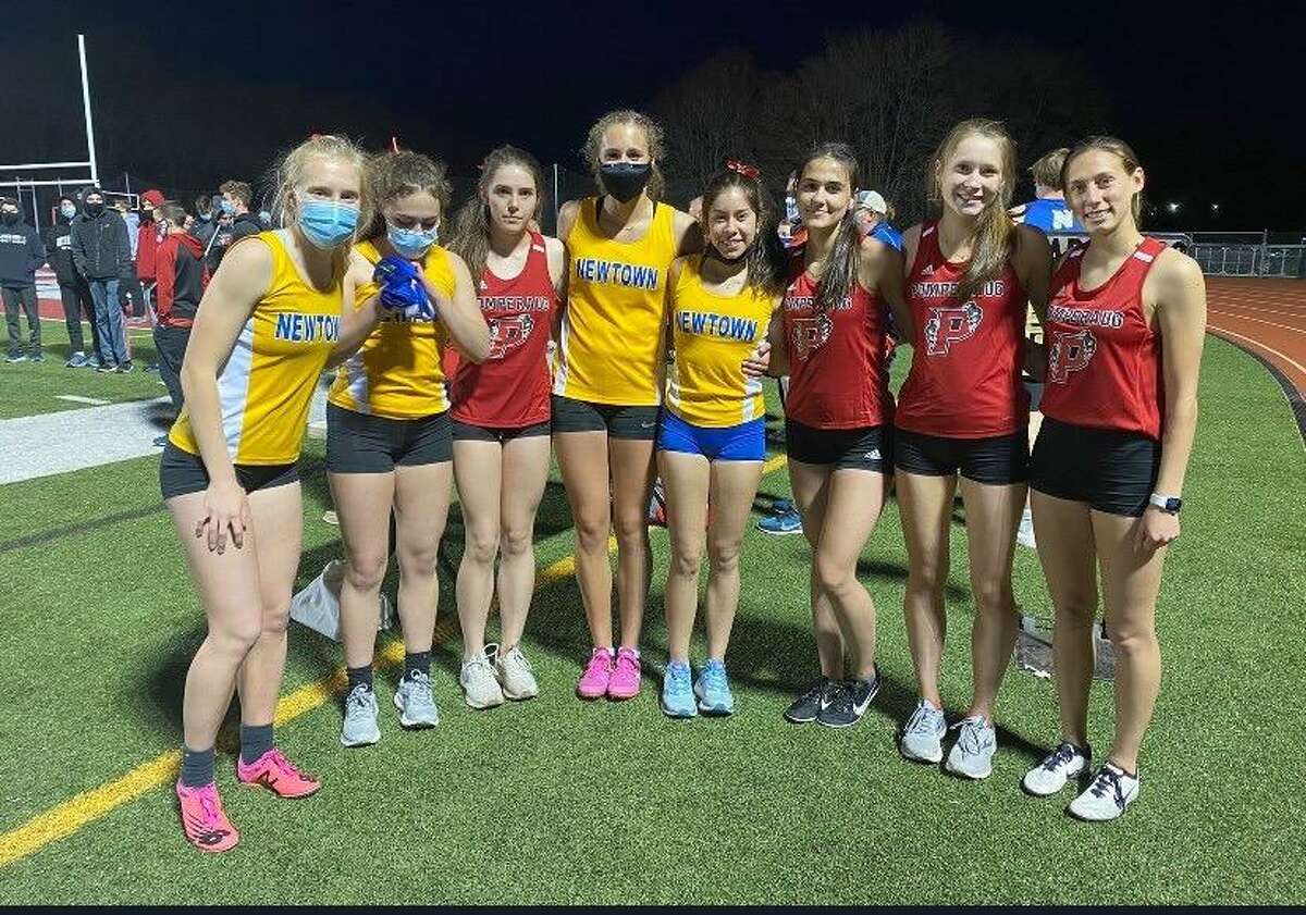 Eight girls ran a track tribute relay to honor Eva Houlihan during Newtown High School's track and field meet at Pomperaug last spring. From left to right: Ally McCarthy, Eva Barricelli, Ava Sednesky, Elise Barricelli, Sophia Guevara, Charlotte Brehmer, Lilly Steenburgh and Alissa Hurd.