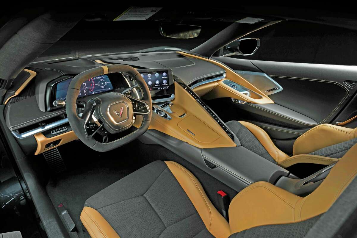 The Chevrolet Corvette Stingray interior includes bolstered leather seats.