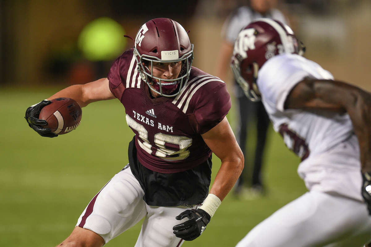 COLLEGE STATION, TX - APRIL 12: Tight end Baylor Cupp (88) runs the ball during the Texas A&M Maroon and White Spring Game on April 12, 2019 at Kyle Field in College Station, TX. (Photo by Daniel Dunn/Icon Sportswire via Getty Images)