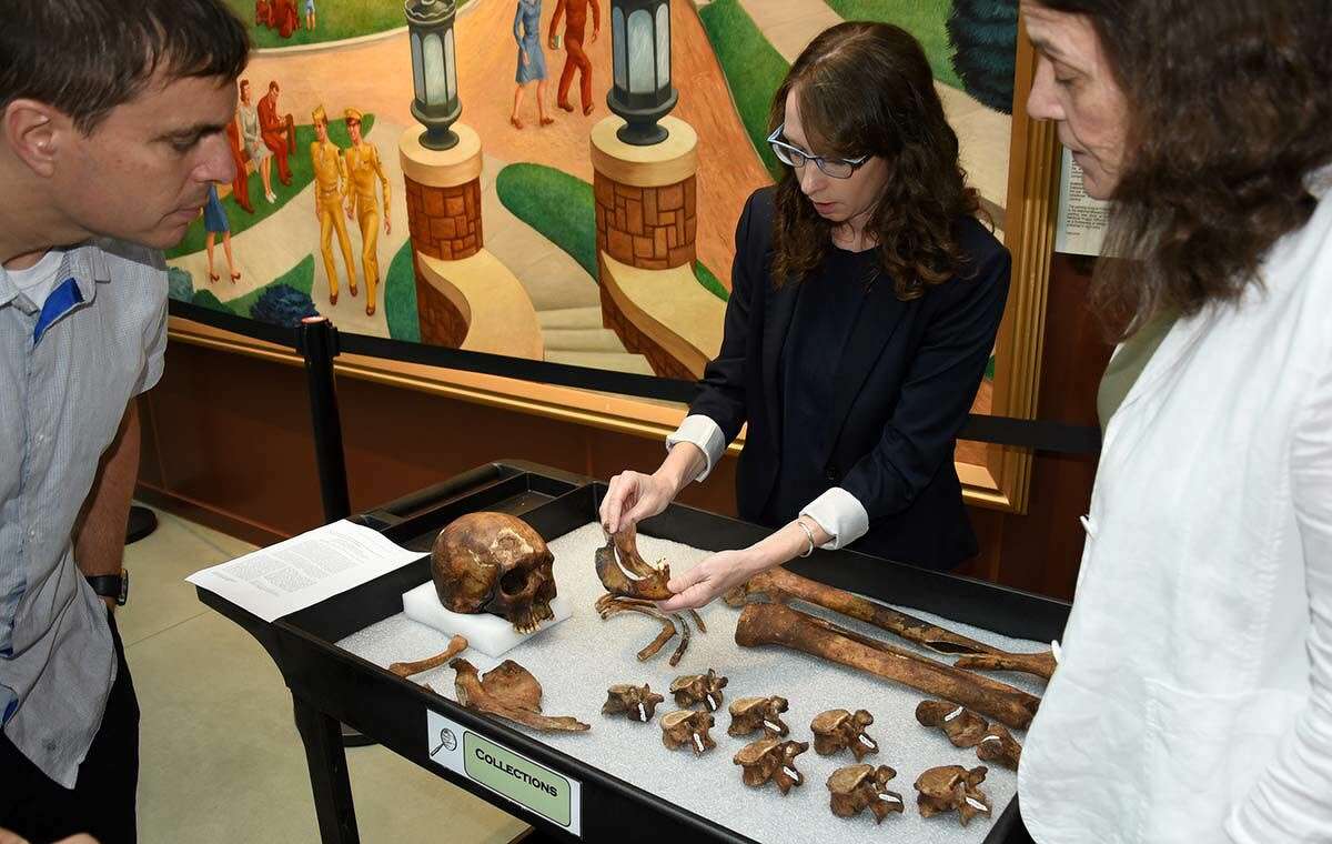 Dr. Kristen E. Pearlstein, Collections Manager for the National Museum of Health and Medicine, displays remains of “JB55” during a Science Café at the museum, Silver Spring, Md.