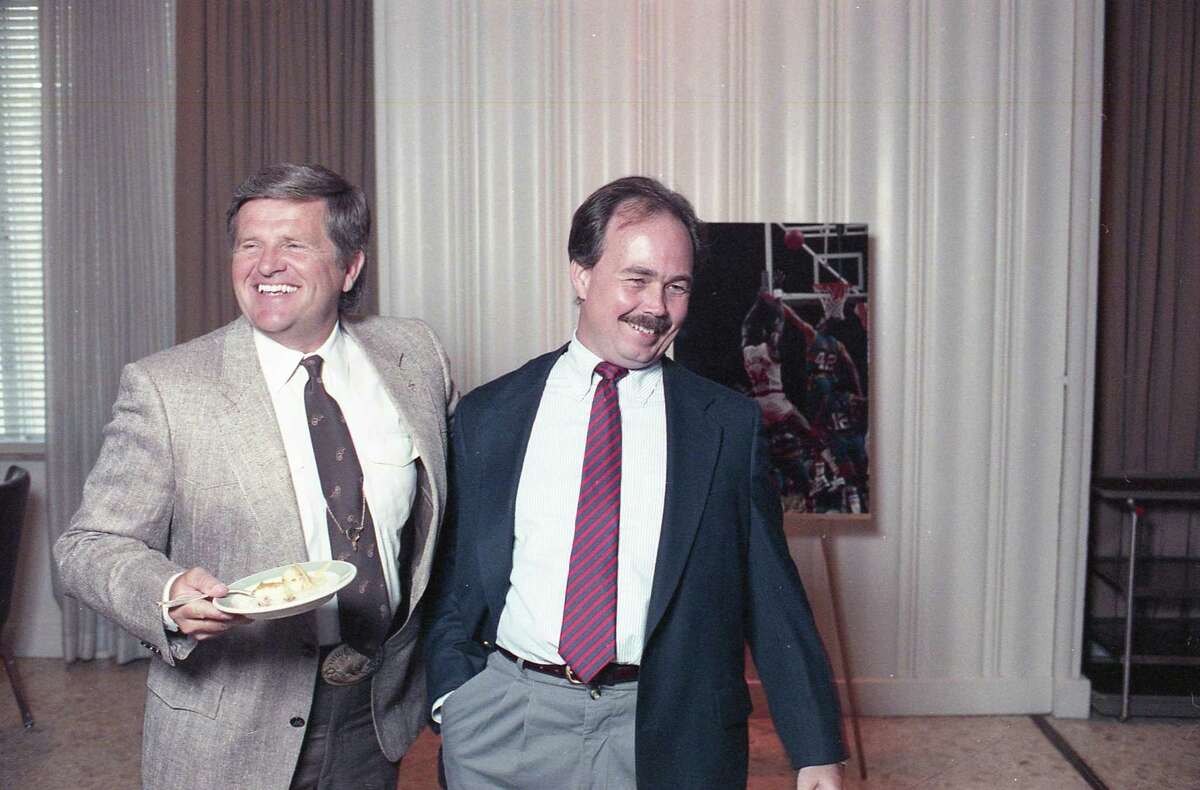 Houston Oilers head coach Jerry Glanville and Chronicle reporter John McClain together in 1989.
