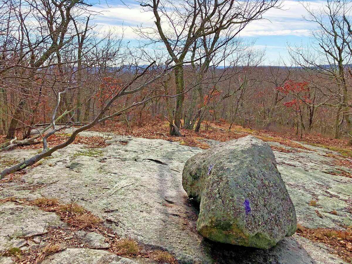 A glacial erratic boulder sits on top of a ledge.