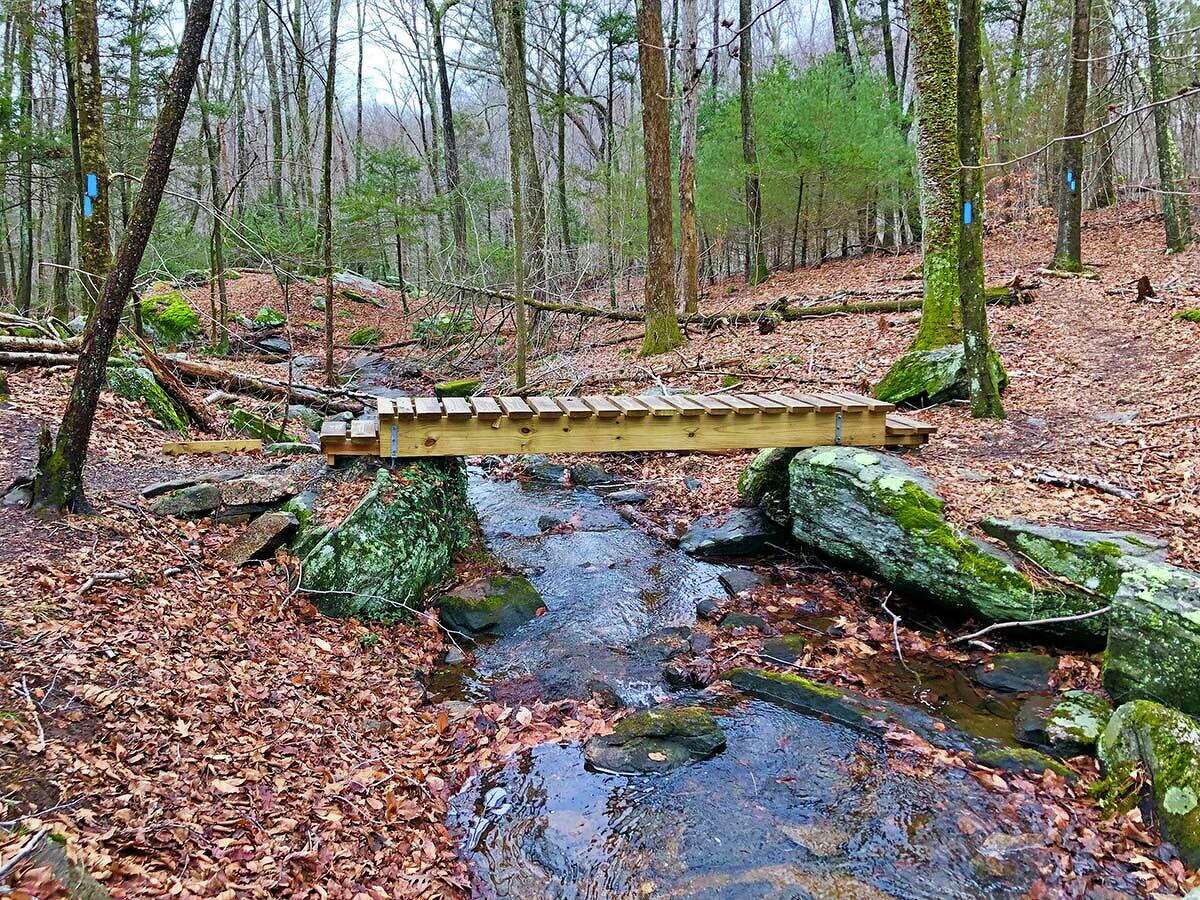 A bridge takes hikers across a stream at Peters Memorial Woods in Clinton.
