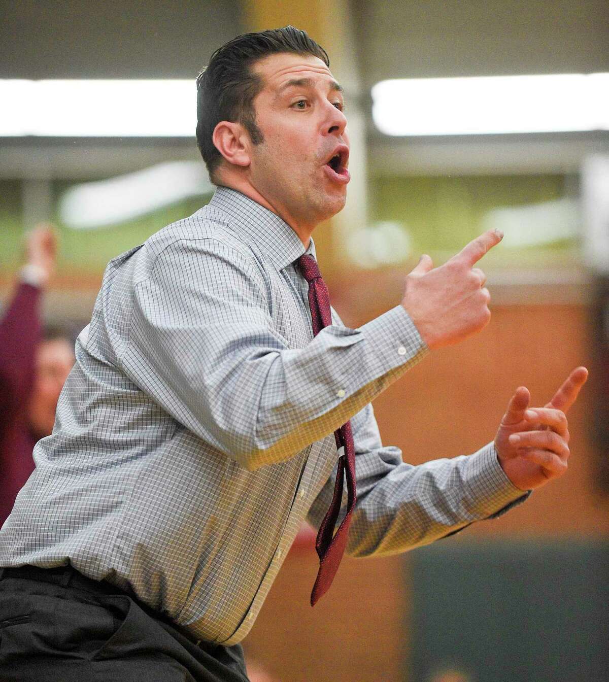 St Joseph coach Kevin Wielk reacts to play in a boys basketball game against Trinity Catholic at Walsh Court on Jan. 7, 2020 in Stamford, Connecticut.