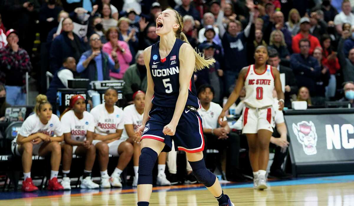 UConn guard Paige Bueckers (5) reacts in double overtime against NC State during the East Regional final college basketball game of the NCAA women’s tournament on Monday in Bridgeport.