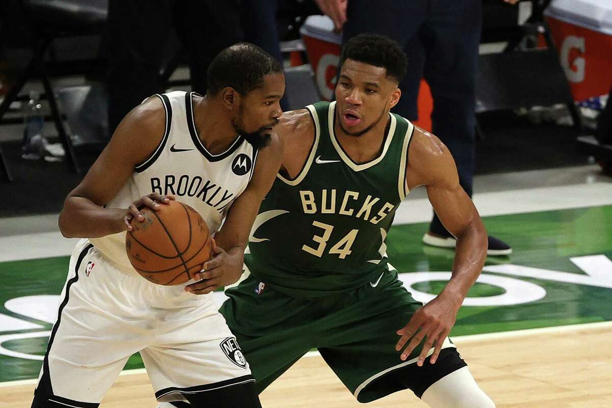 Kevin Durant (left) and the Nets take on Giannis Antetokounmpo and the Bucks in Brooklyn at 4:30 p.m. Thursday (TNT).
